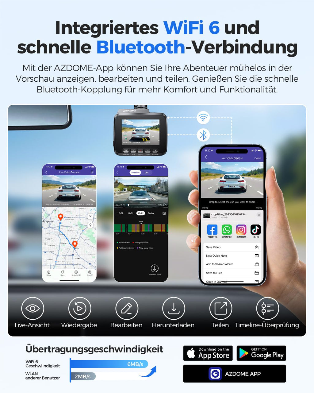 AZDOME Dashcam Auto mit 4K Auflösung, WiFi Autokamera mit GPS, Dash Camera mit Nachtsicht, 170°Weitwinkel, WDR, 2,4" IPS, 24/7 Parküberwachung, Bewegungserkennung, Loop-Aufnahme(GS63H)