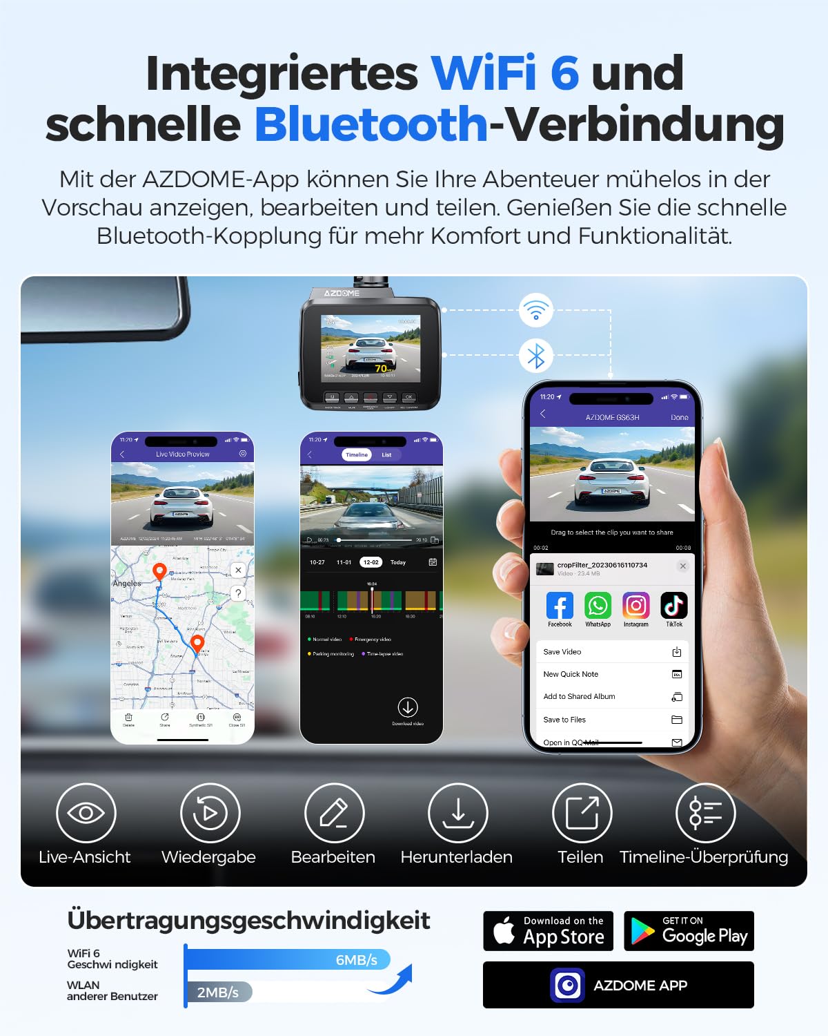 AZDOME Dashcam Auto mit 4K Auflösung, WiFi Autokamera mit GPS, Dash Camera mit Nachtsicht, 170°Weitwinkel, WDR, 2,4" IPS, 24/7 Parküberwachung, Bewegungserkennung, Loop-Aufnahme(GS63H)