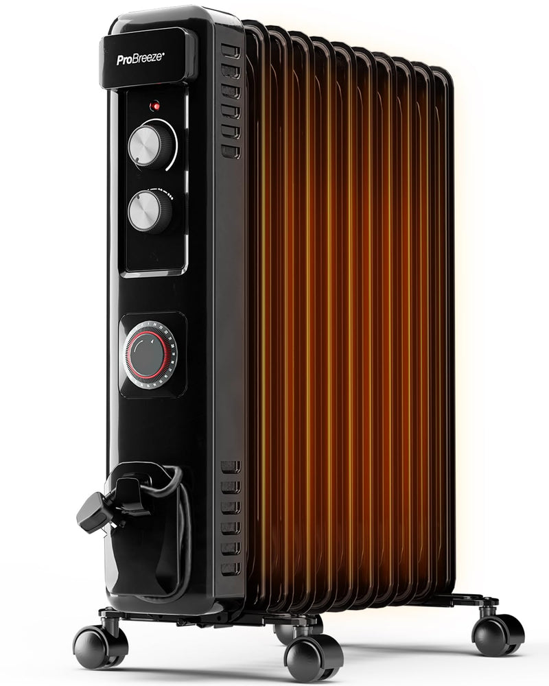 Pro Breeze 2500W Ölradiator mit 11 Heizrippen, Elektrischer Heizkörper, 24h Timer, Ölradiator energiesparend, 3 Heizstufen, Einstellbares Thermostat & Sicherheitsabschaltfunktion - schwarz