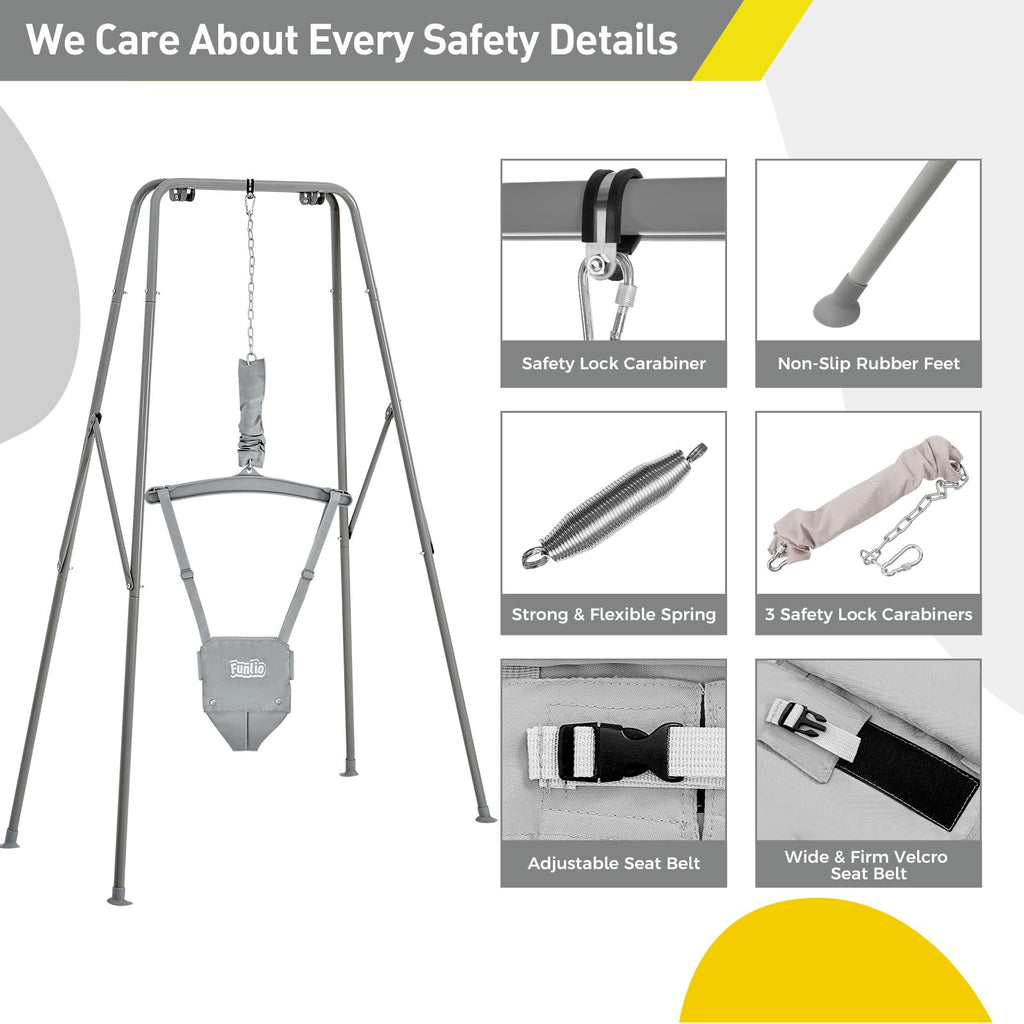 FUNLIO 2-in-1 Schaukeln Set und Baby Türhopser für Kleinkinder, Schaukelset für Kinder mit 4 Sandsäcken, Faltbarer Metallständer für drinnen und draußen, einfach zu montieren und aufzubewahren - Grau