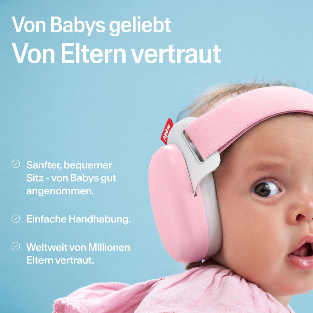 Alpine Muffy Baby Komfort - Gehörschutz für Babys & Kleinkinder - Getestet in Deutschland - Einzigartiges Kopfband für Sicheren & Bequemen Sitz - Verstellbar <48 Monate - Kopfhörer Lärmschutz, Rosa