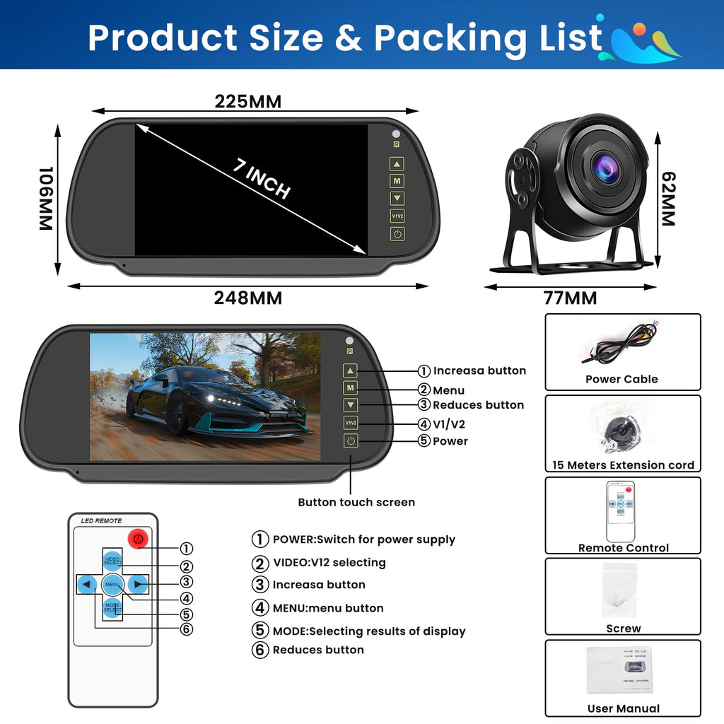 Hikity Rückfahrkamera Set mit 7" LCD Monitor & AHD Rückfahrkamera mit Stabilem Signal, IP66 Wasserdicht, IR Nachtsich Auto Rückfahrkamera 4Pin 15M für LKW/Anhänger/Bus/Van(12-24 Volt)