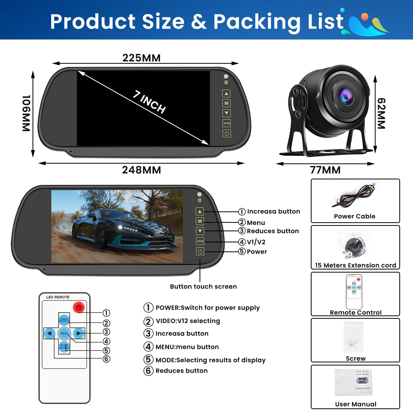 Hikity Rückfahrkamera Set mit 7" LCD Monitor & AHD Rückfahrkamera mit Stabilem Signal, IP66 Wasserdicht, IR Nachtsich Auto Rückfahrkamera 4Pin 15M für LKW/Anhänger/Bus/Van(12-24 Volt)