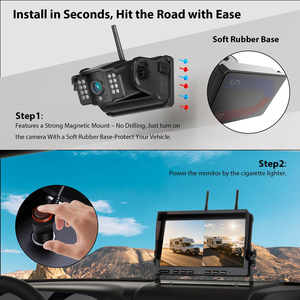 2 Magnetische Rückfahrkamera Kabellos, 10 Zoll 1080P FHD Monitor, 9600mAh Wiederaufladbare Akku, 1-Min Einrichtung, IP69K Wasserdicht Rückfahrkameras für Wohnmobile,Anhänger und LKWs