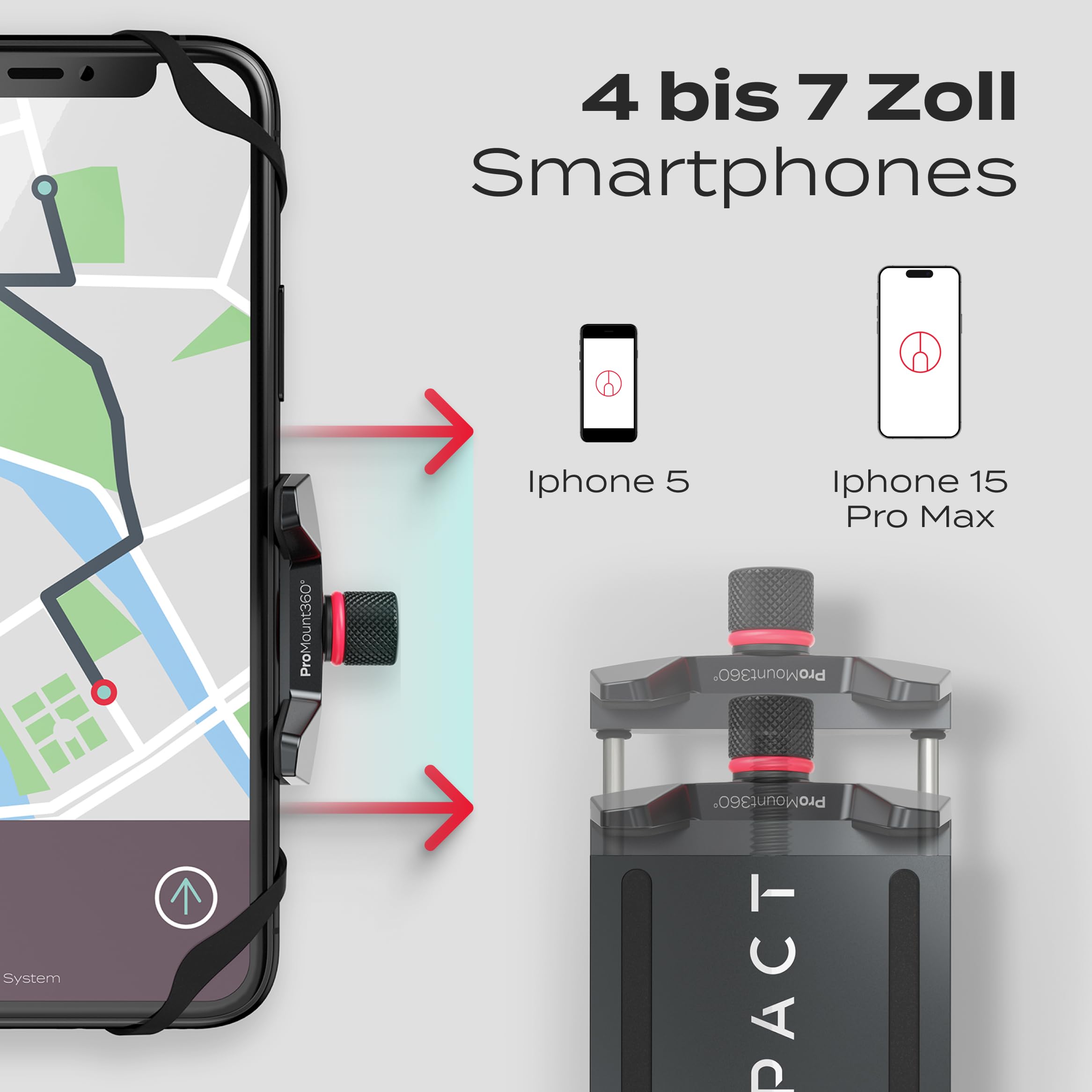 Impact® Pro Mount 360° Handyhalterung Fahrrad mit Universal Halterung - Handyhalter [Smartphone KOMPATIBEL 4 bis 7 Zoll] - Handyhalterung für Fahrrad Lenker mit Kugelgelenk & Sicherheitsgummi