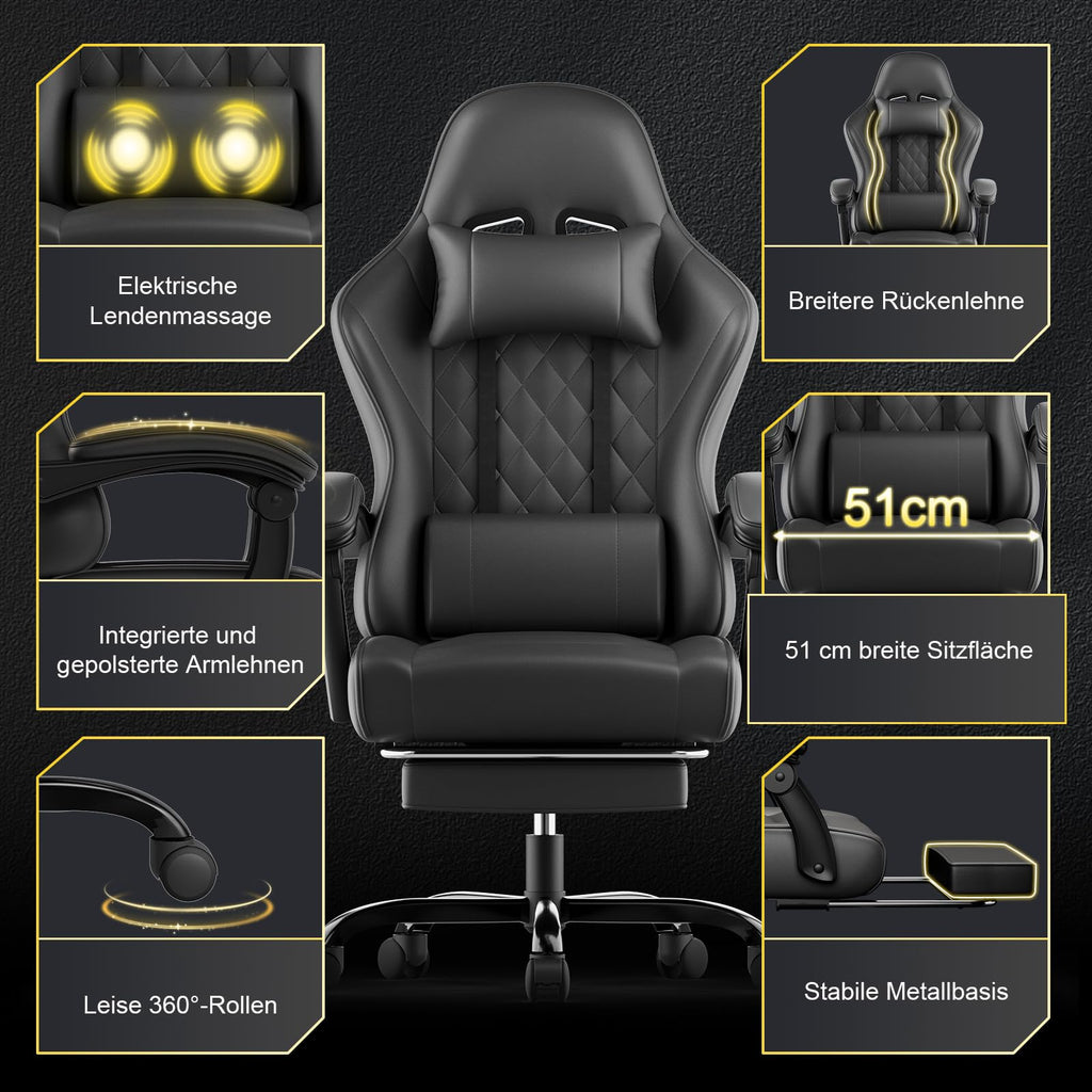 JUMMICO Gaming Stuhl, Schreibtischstuhl mit Massagefunktion,Bürostuhl Ergonomisch mit Fußstütze,150 kg, Schwarz