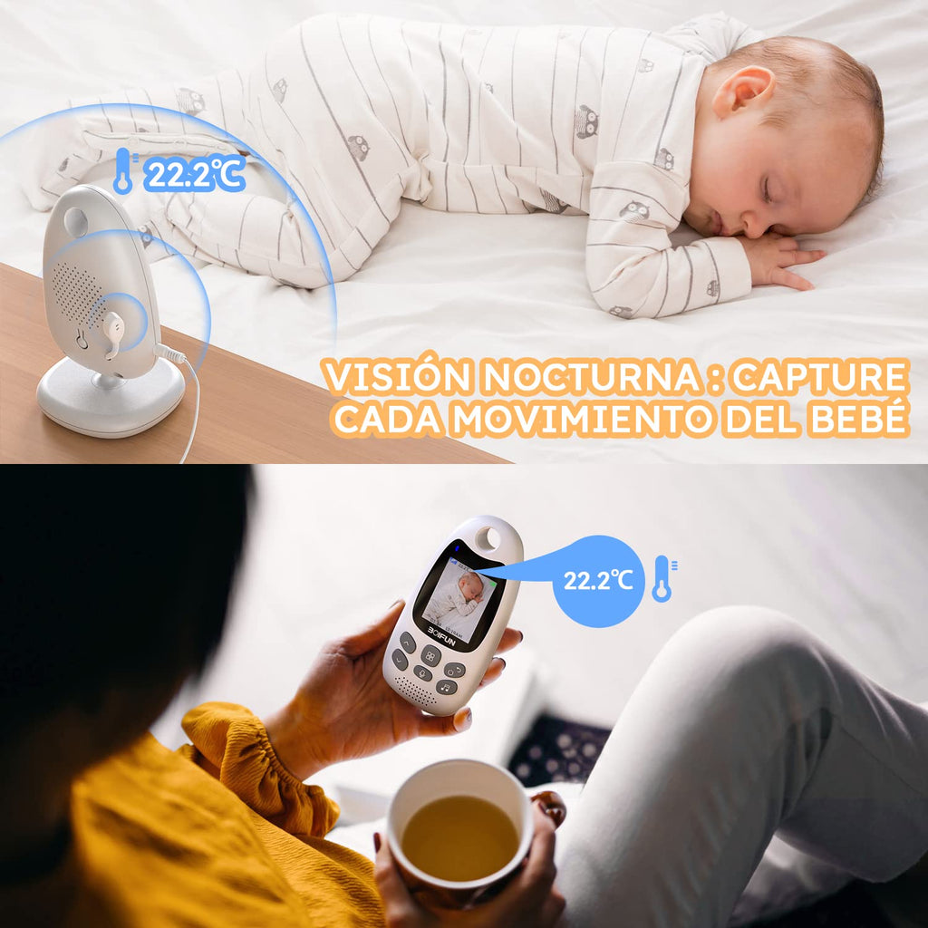 BOIFUN Babyphone mit Kamera 2 Zoll Tragbares Vox-Funktion Temperatursensor Nachtsicht-Video-Babyfon 2,4 Ghz, Intelligentes Standby Baby Monitor Gegensprechanlage Schlaflieder Lange Akkulaufzeit, 720p