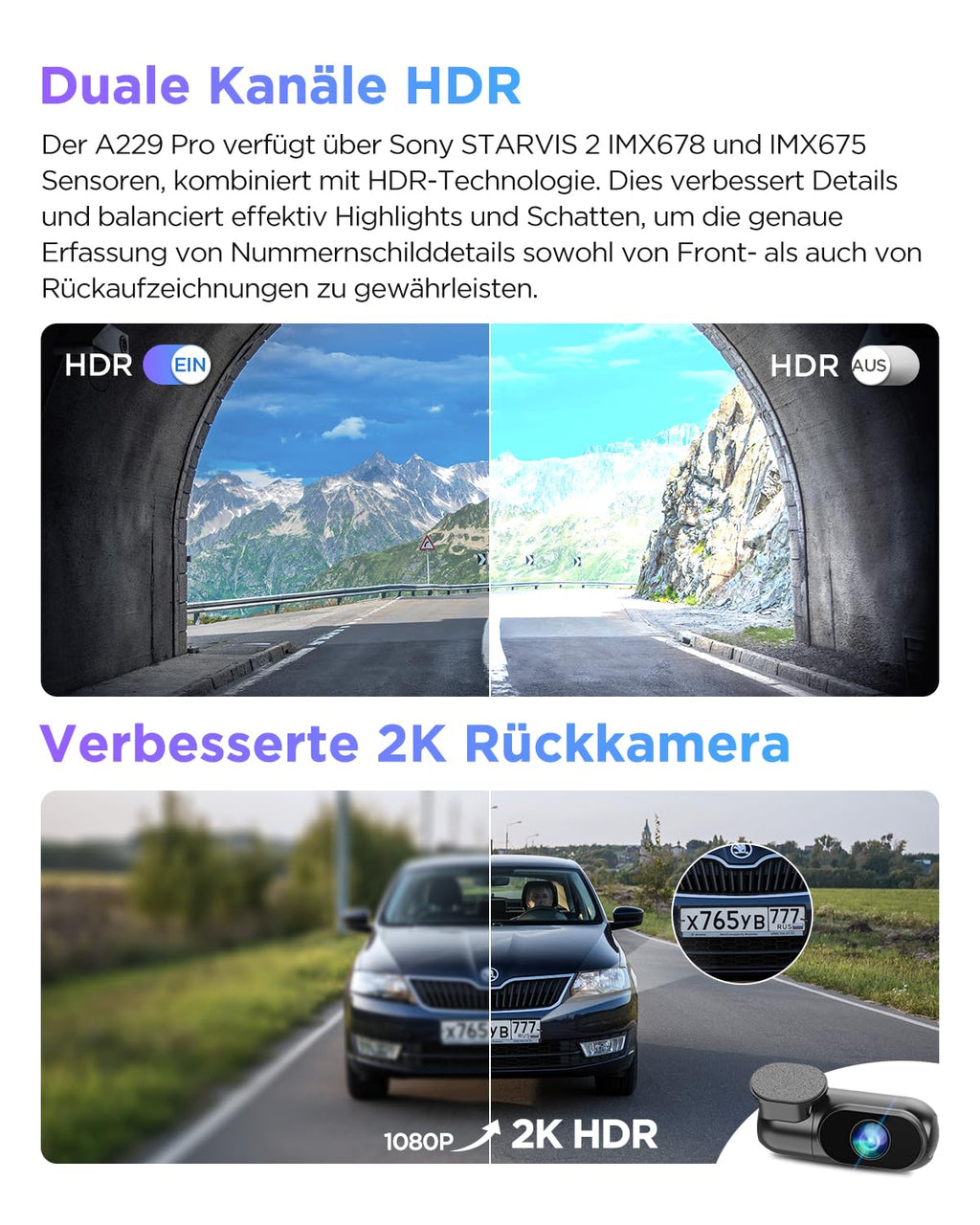 VIOFO A229 Pro 4K + 2K Dual STARVIS 2, HDR Vorne hinten Dashcam Auto, Sprachsteurung & 5GHz Wi-Fi Wlan Autokamera, Ultrapräzises GPS mit CPL Filter, Super Nachtsicht 2.0, Sprachausgabe, bis 512 GB Max
