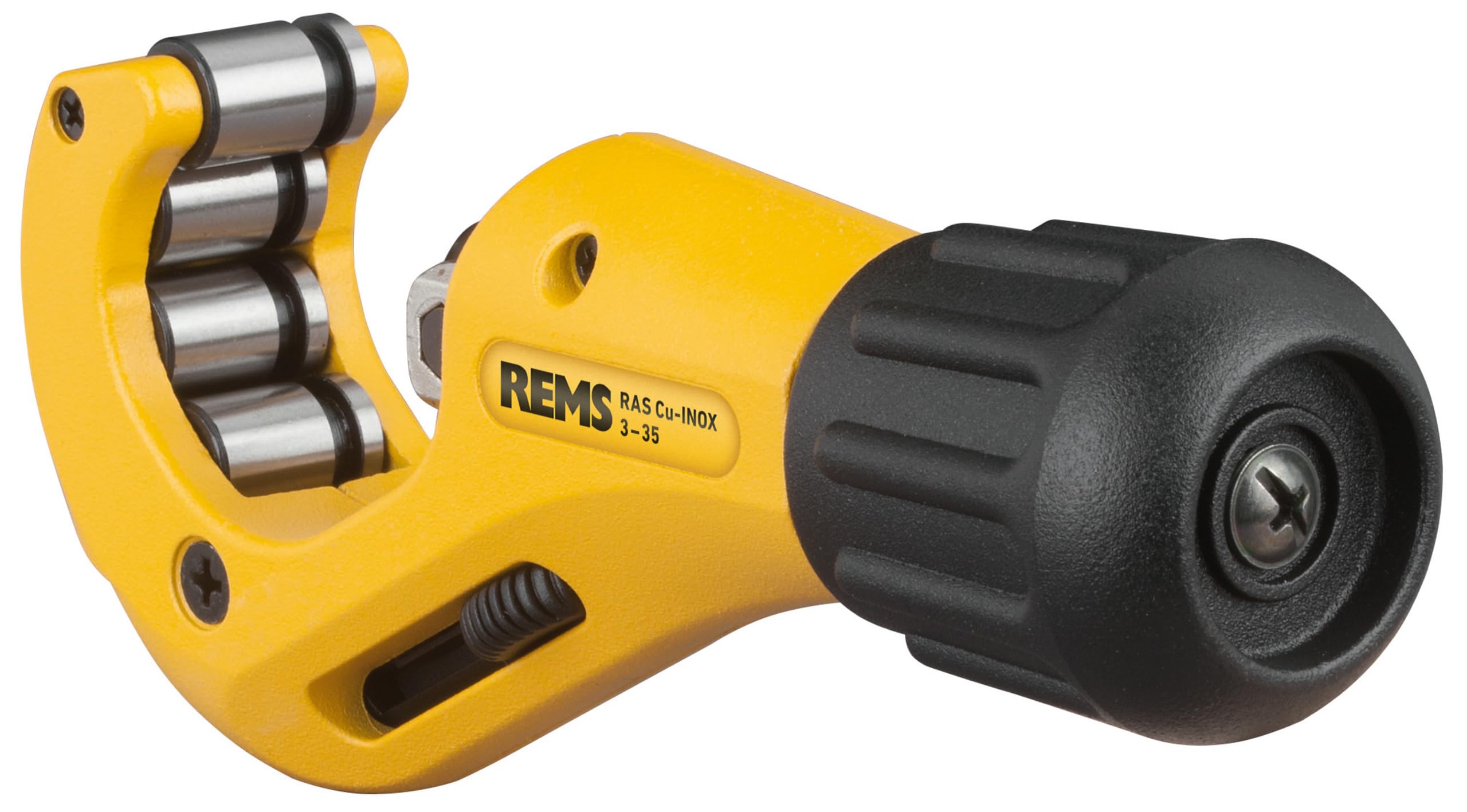 REMS RAS Cu-INOX (mit Teleskopspindel, mit 4 spezialgehärteten Gegendruckrollen, ergonomischer Drehgriff, einfacher Schneidradwechsel, Rohrabschneider) 113350 R
