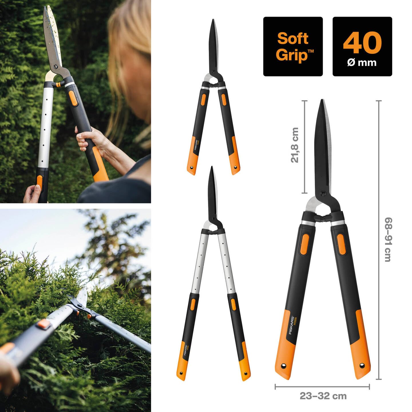 Fiskars SmartFit Teleskop-Heckenschere, Antihaftbeschichtet, Hochwertige Stahl-Klingen, Länge: 68 bis 93 cm, Schwarz/Orange, HS86, 1013565