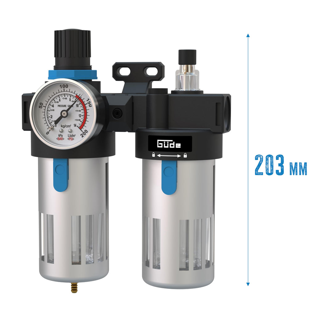 Güde Wartungseinheit 1/2 (Anschlussgewinde IG 1/2", max. Arbeitsdruck 10 bar, Anbau an einen Kompressor, Arbeitsdruckeinstellung, reinigt, filtert & ölt die Druckluft, inkl. Ablassventil & Manometer)