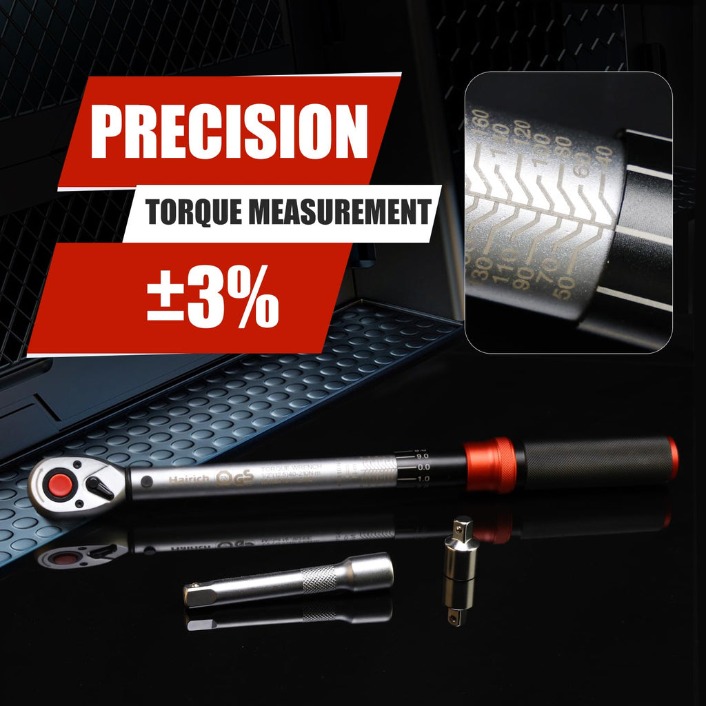 Hairich Drehmomentschlüssel Auto 1/2 Zoll, 40–210 Nm, TÜV Süd GS geprüft, 6-tlg. Drehmomentschlüssel Set mit 125 mm Verlängerung, 1/2"-3/8" Adapter & 3 Stecknüssen – Für Reifenwechsel & Motorrad