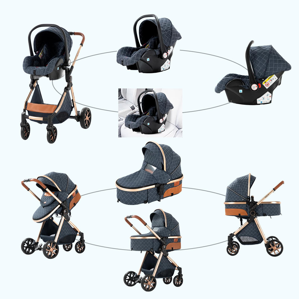 MoLi Kinderwagen 3 in 1, Kinderwagen mit Umkehrbarem Doppelschiebemodus, Buggy mit Großer Bequemer Babywanne, Kombikinderwagen 3 in 1 Rahmen Aluminiumlegierung Faltbar Hohe Landschaft (225 Khaki)