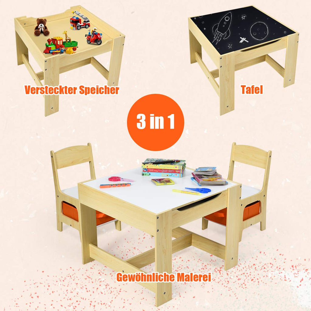 GOPLUS 3tlg. Kindersitzgruppe, 1 Kindertisch mit 2 Stühle, Kindermöbel Set aus Holz, Kindertischgruppe Indoor mit Stauraum, Maltisch für Kleinkind Mädchen Jungen