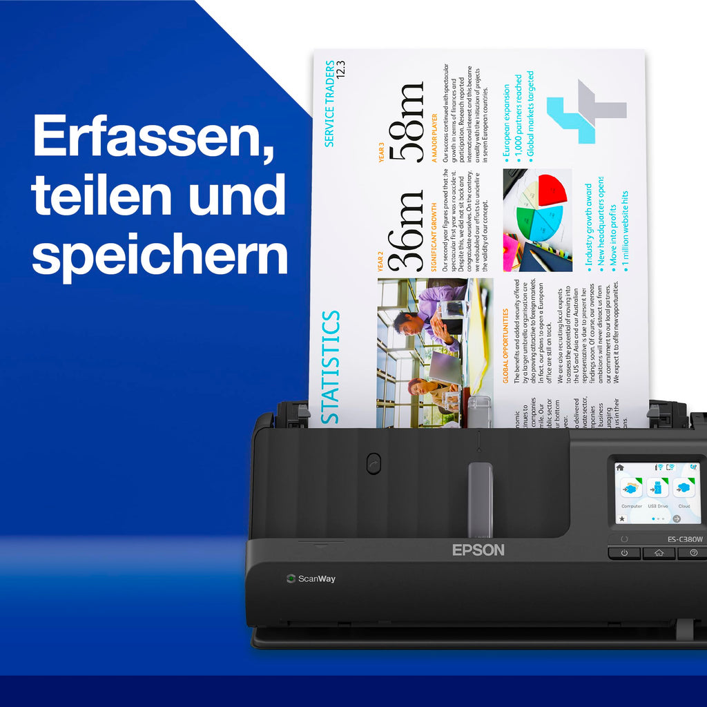 Epson Wi-Fi Scanner ES-C320W, kompakter A4 Business Scanner mit geringem Stromverbrauch, Duplex-Einzugscanner mit vielseitiger Medienverarbeitung, schwarz