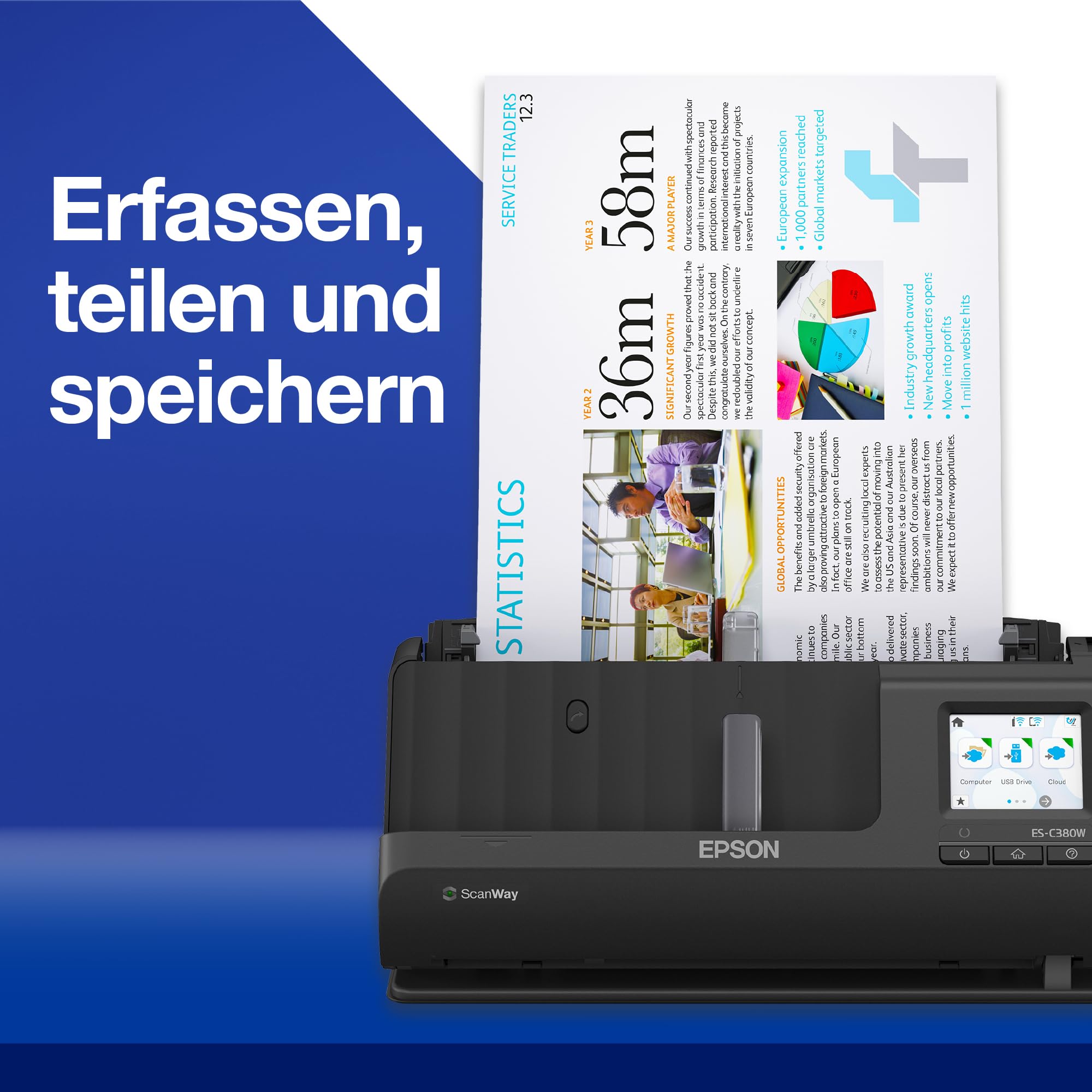 Epson Wi-Fi Scanner ES-C320W, kompakter A4 Business Scanner mit geringem Stromverbrauch, Duplex-Einzugscanner mit vielseitiger Medienverarbeitung, schwarz
