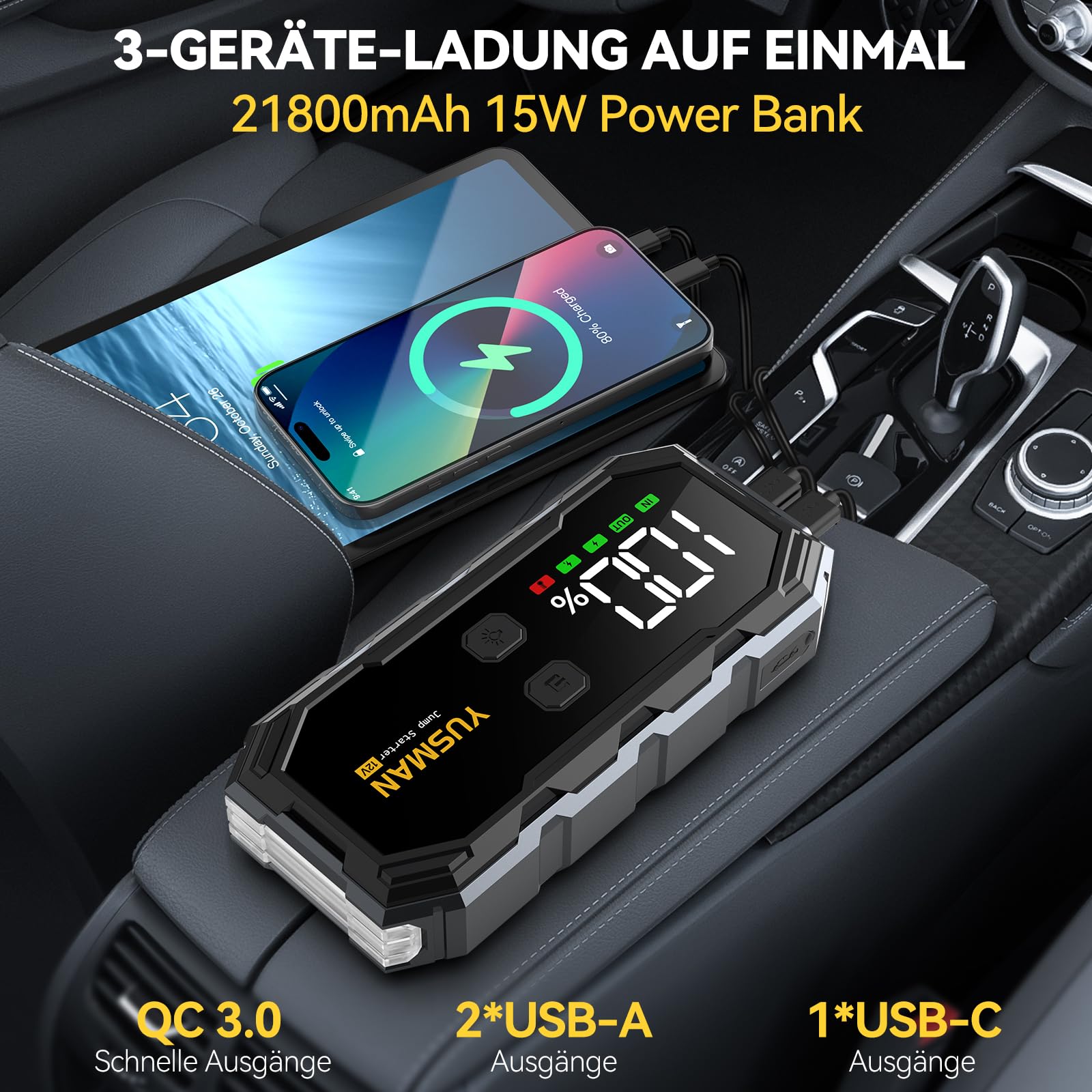 YUSMAN Starthilfe Powerbank für PKW | 6000A Autobatterie Booster für alle Fahrzeuge & 10.0L Diesel mit LED-Taschenlampe, Großdisplay & Springkabel – Ideal für SUV, Motorräder, Rasenmäher