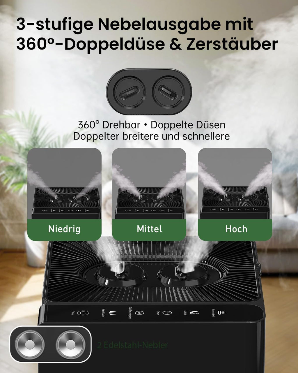 Luftbefeuchter Große Räume 20L, Warm&Kalter Nebel Humidifier bis 100 m² Zuhause Raumbefeuchter, 360° Doppeldüsen Ultraschall Luftbefeuchter, Schlafzimmer/Wohnzimmer/Büro/Pflanzen/kommerzielle, Schwarz