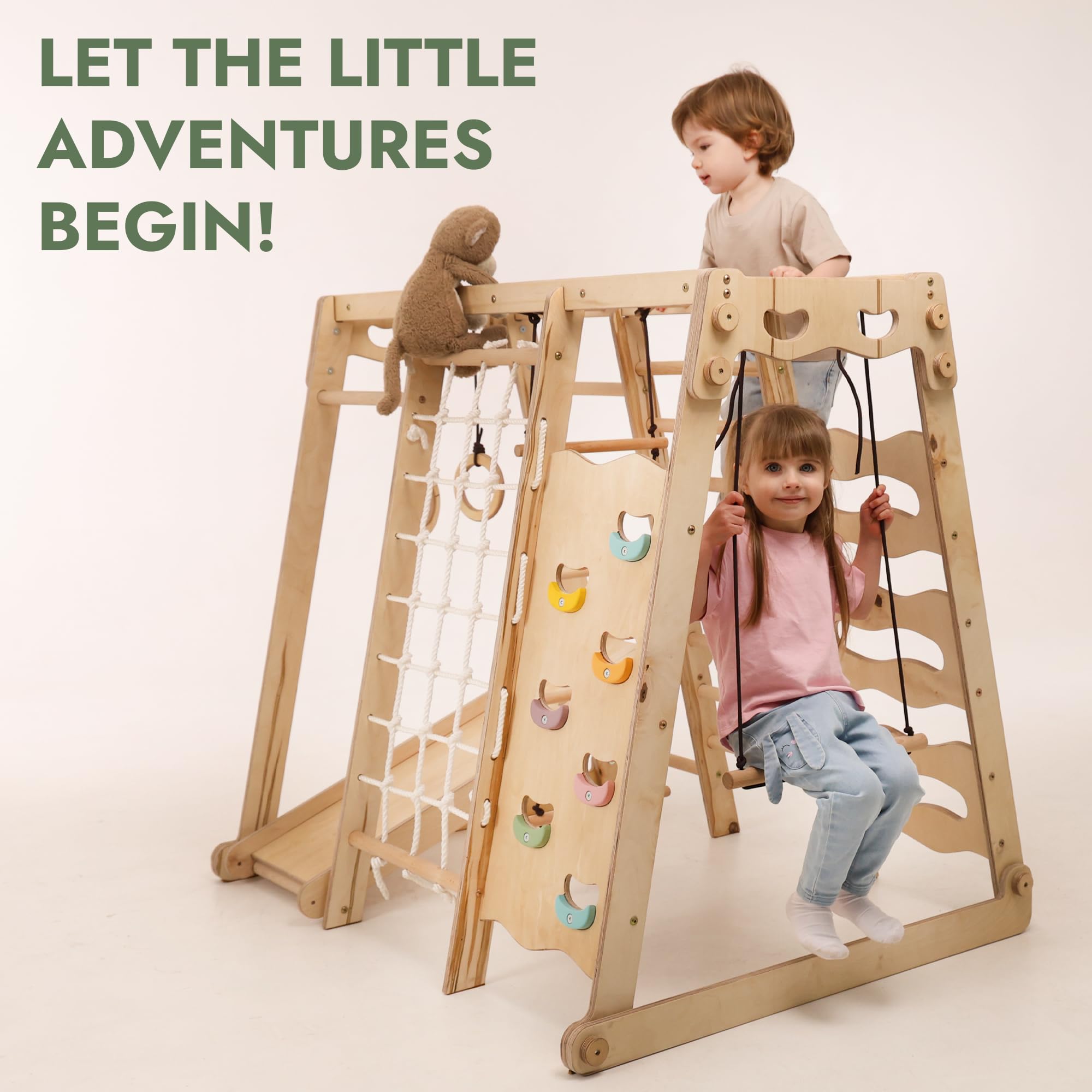 Goodevas Verbessert 9-in-1 Klettergerüst Indoor für Kinder, Montessori Klettergerüst mit Rutsche, Schaukel, Kletterwand, Kletterdreieck, Kunst hinzufügen – Spielplatz für Kinderzimmer