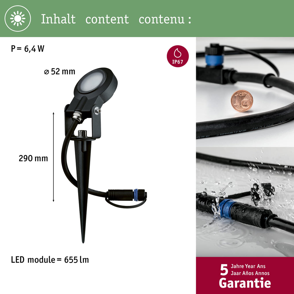 Paulmann 93934 Plug & Shine Spotlight Sting IP67 3000K 6W 24V Ausstrahlwinkel 100° 93934 LED Aussenbeleuchtung Erdspieß Gartenbeleuchtung