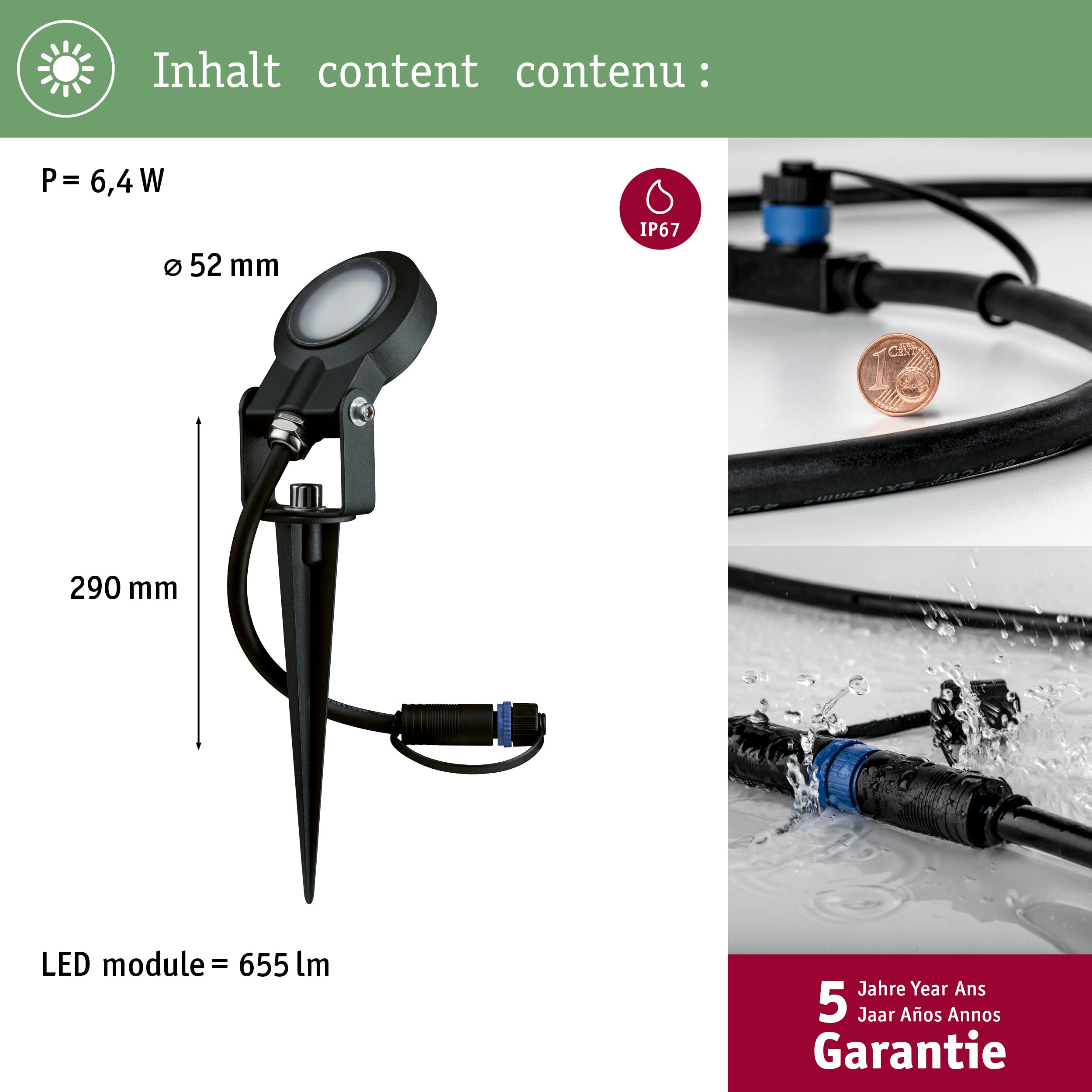 Paulmann 93934 Plug & Shine Spotlight Sting IP67 3000K 6W 24V Ausstrahlwinkel 100° 93934 LED Aussenbeleuchtung Erdspieß Gartenbeleuchtung