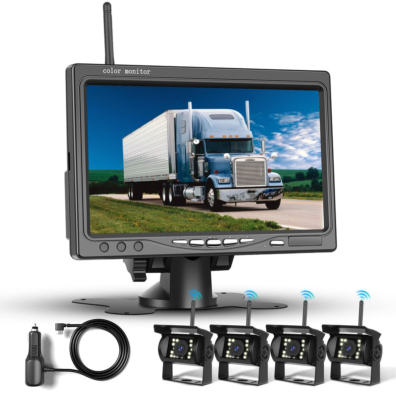 1080P HD Kabelloses Vier-Rückfahrkamera-Kit, 7-Zoll-LCD-Monitor mit 4 Rückfahrkameras für Anhänger, Wohnmobil, Camper, LKW, Auto, Bus, DIY-Führungslinien, IP68 wasserdicht, Nachtsicht, BSD, 12 V-36 V