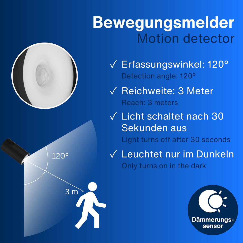 REV LED Wandleuchte - Wandlampe mit Akku & Bewegungsmelder, 180lm, kabellos, dimmbar, 360° drehbar. Wegeleuchte zum Mitnehmen - ideal für Camping, Garage & Keller, IP54, schwarz