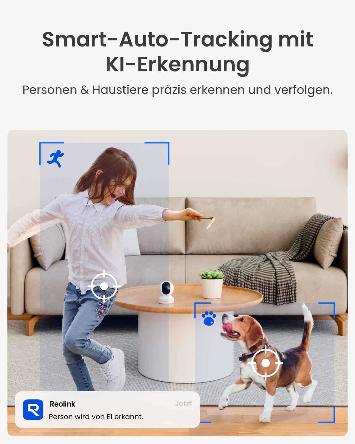 Reolink 2K Überwachungskamera Innen, 360°-Ansicht Indoor Kamera WLAN mit Auto-Tracking, Baby Monitor mit Personen-/Tier-/Weinen-Erkennung, 2,4 GHz Wi-Fi, Privatmodus, 2-Wege-Audio, E1 4MP