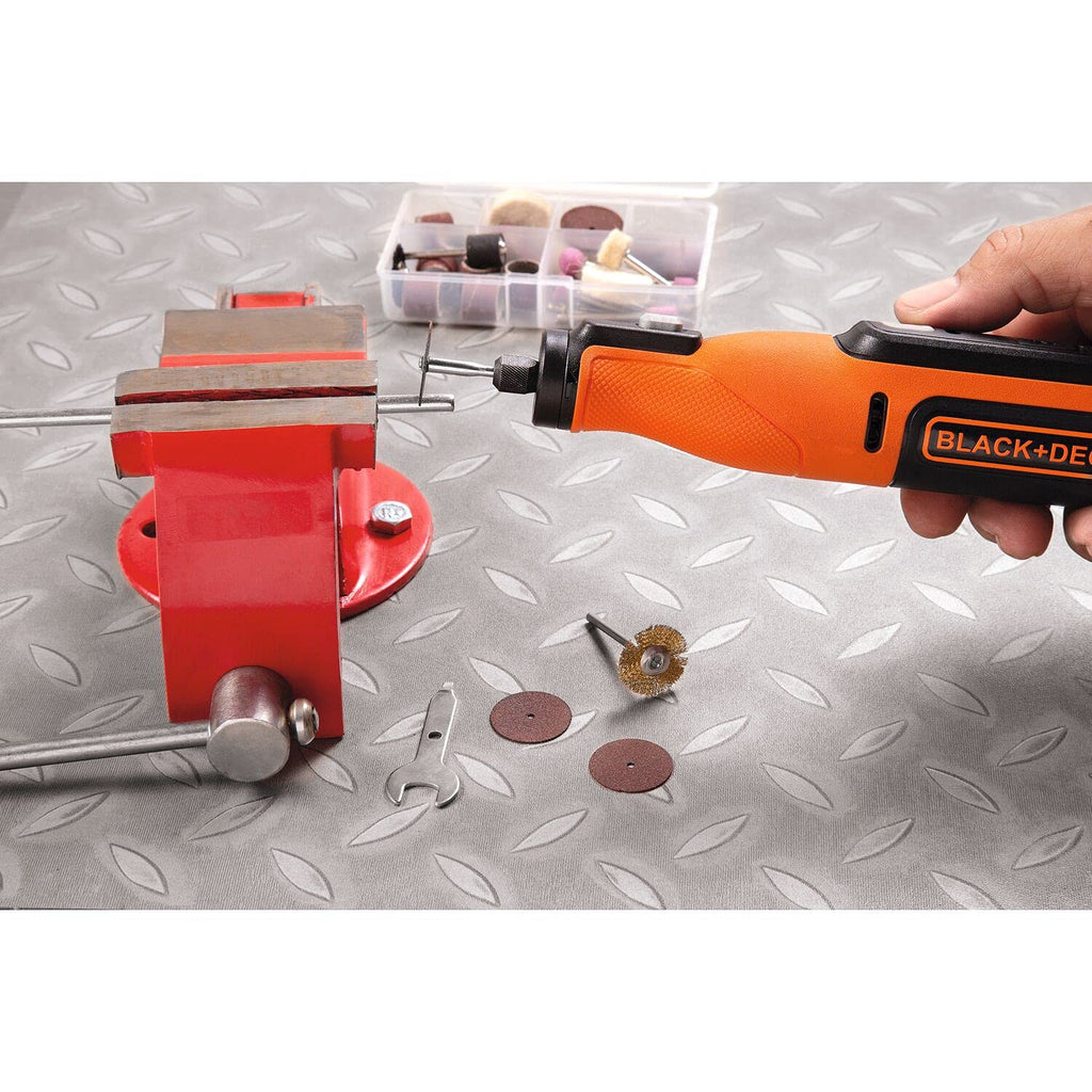 Black+Decker Akku-Multifunktionswerkzeug mit 52-tlg. Zubehör BCRT8IK (7.2V, 1.5Ah, Universal-Feinbohrschleifer mit Licht, zum Schneiden, Schleifen, Polieren und Schmirgeln, inkl. USB-Ladekabel + Box)