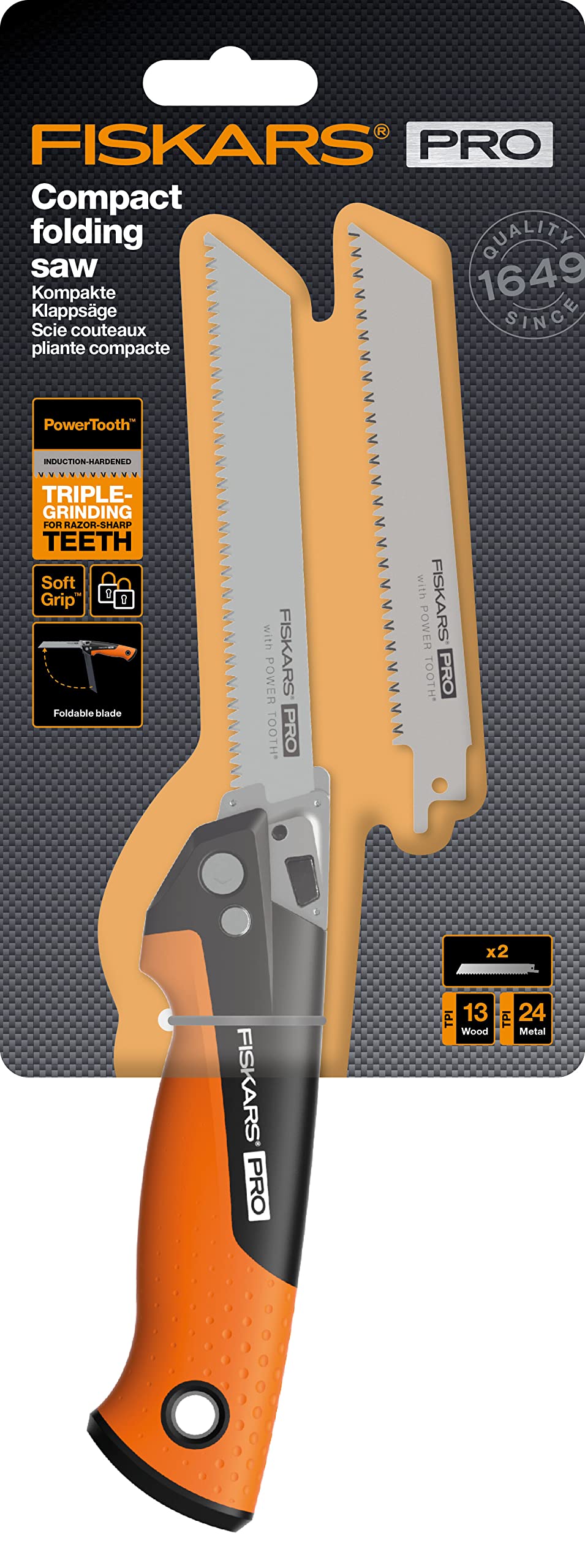 Fiskars Pro Kompakte Klappsäge, Inkl. 2 Sägeblättern, Sägeblattlänge: 15 cm, 13 TPI und 24 TPI, Schwarz/Orange, PowerTooth, 1062934