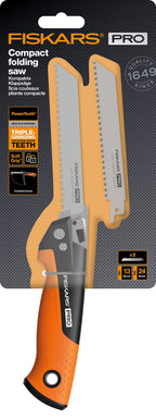 Fiskars Pro Kompakte Klappsäge, Inkl. 2 Sägeblättern, Sägeblattlänge: 15 cm, 13 TPI und 24 TPI, Schwarz/Orange, PowerTooth, 1062934