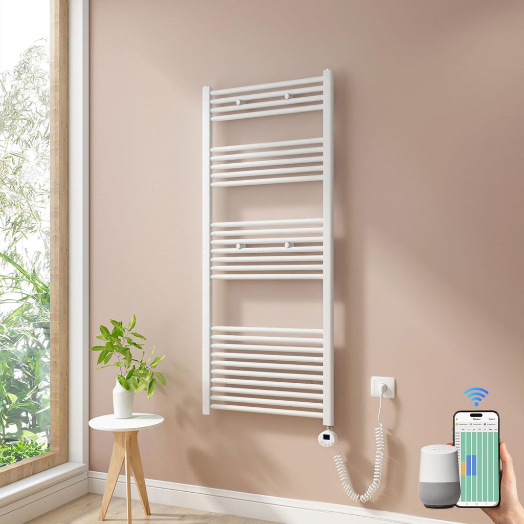 Heilmetz Smart WiFi Badheizkörper Elektrisch 140x60cm Elektrischer Handtuchtrockner mit Thermostat und Timer-Funktion Gerade Handtuchheizkörper Weiß 600W
