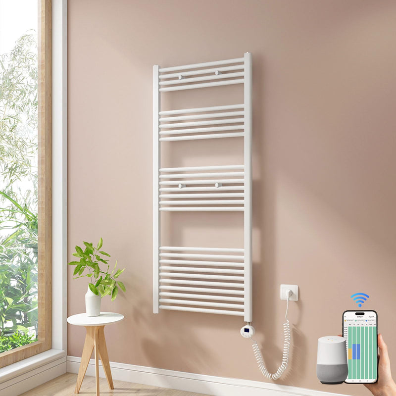 Heilmetz Smart WiFi Badheizkörper Elektrisch 140x60cm Elektrischer Handtuchtrockner mit Thermostat und Timer-Funktion Gerade Handtuchheizkörper Weiß 600W