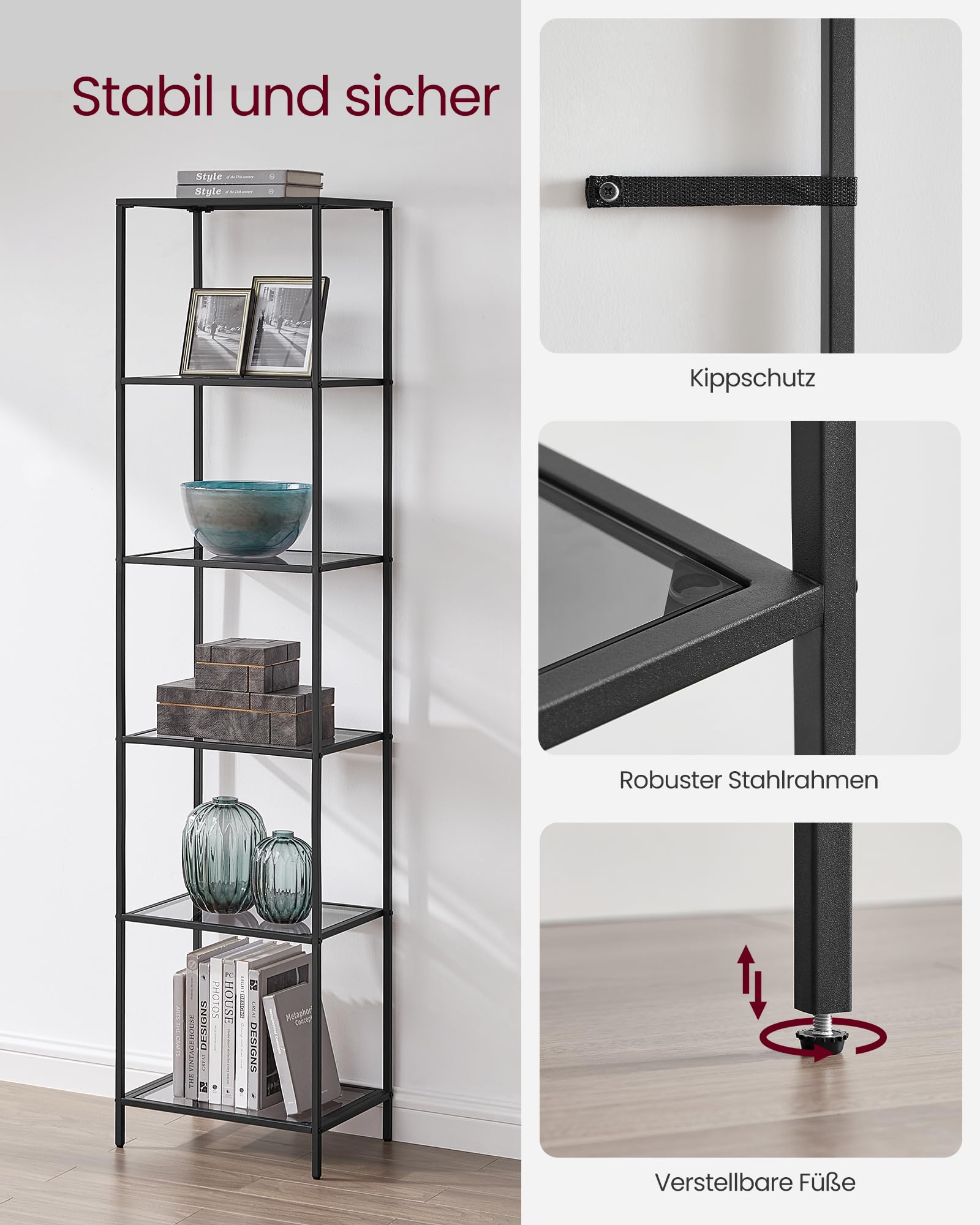 VASAGLE Badregal mit 6 Ablagen, gehärtetes Glas, einfache Montage für Badezimmer, Wohnzimmer, Küche, Büro, Schiefergrau, Schwarze Tinte LGT500G01
