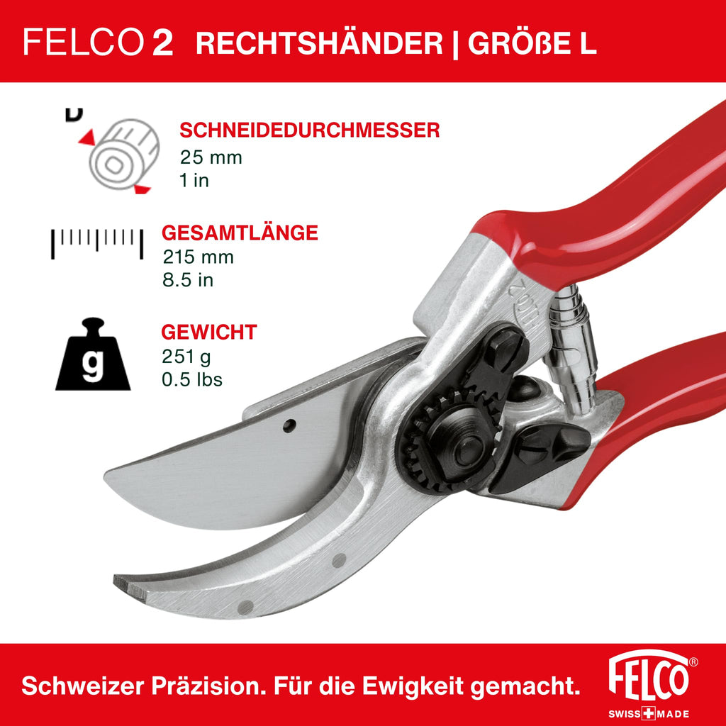 FELCO 2 professionelle Bypass-Gartenschere für Rechtshänder, 41 mm gehärtete Stahlklinge, geschmiedete Aluminiumgriffe, robustes Werkzeug für mittelgroße bis große Hände, 25 mm Schnitt, Swiss Made