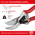 FELCO 2 professionelle Bypass-Gartenschere für Rechtshänder, 41 mm gehärtete Stahlklinge, geschmiedete Aluminiumgriffe, robustes Werkzeug für mittelgroße bis große Hände, 25 mm Schnitt, Swiss Made