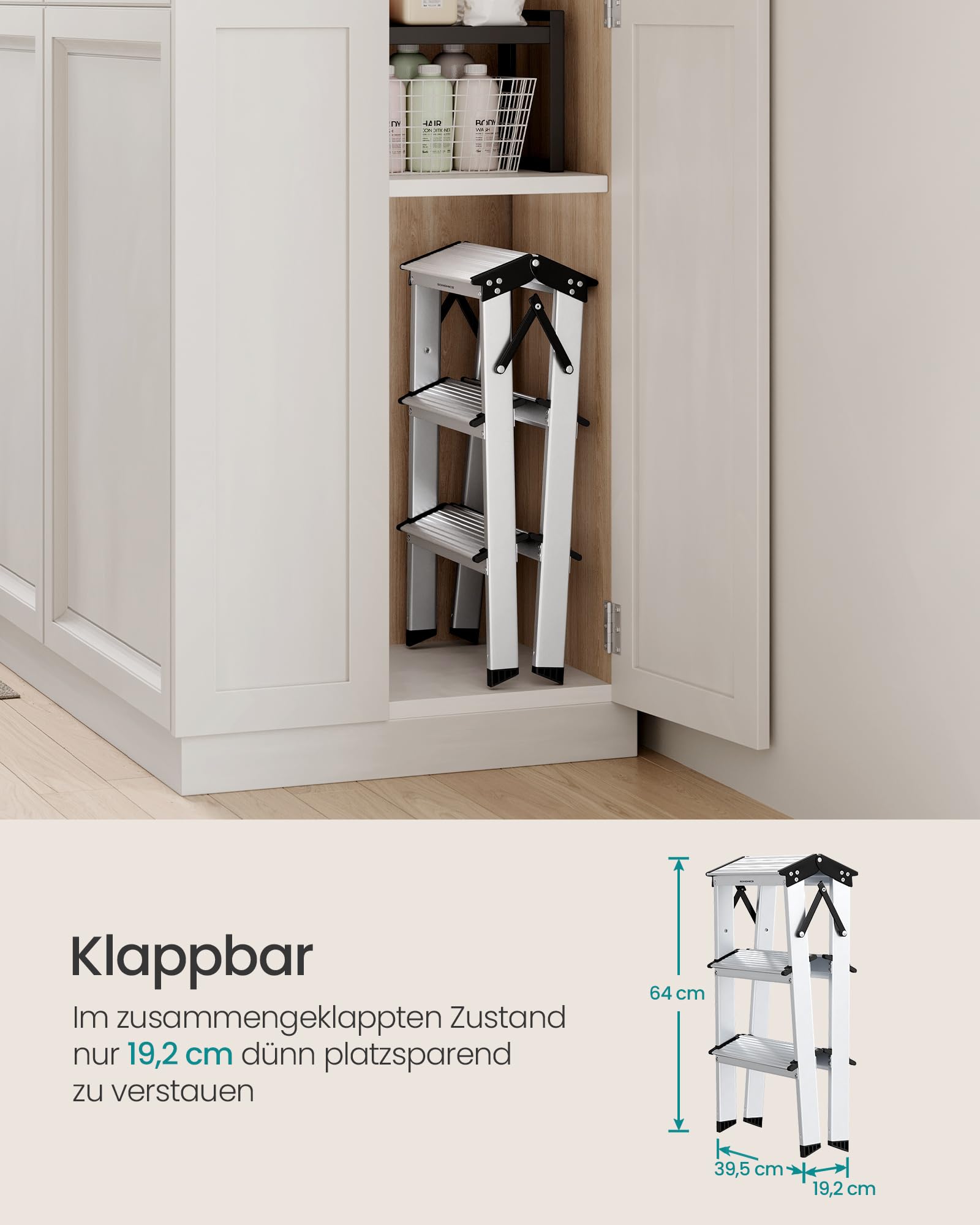 SONGMICS Leiter, Trittleiter, Aluleiter mit 3 rutschfesten Stufen, klappbar, Stehleiter, Mehrzweckleiter, bis 150 kg belastbar, Silbergrau-tintenschwarz GLT23K