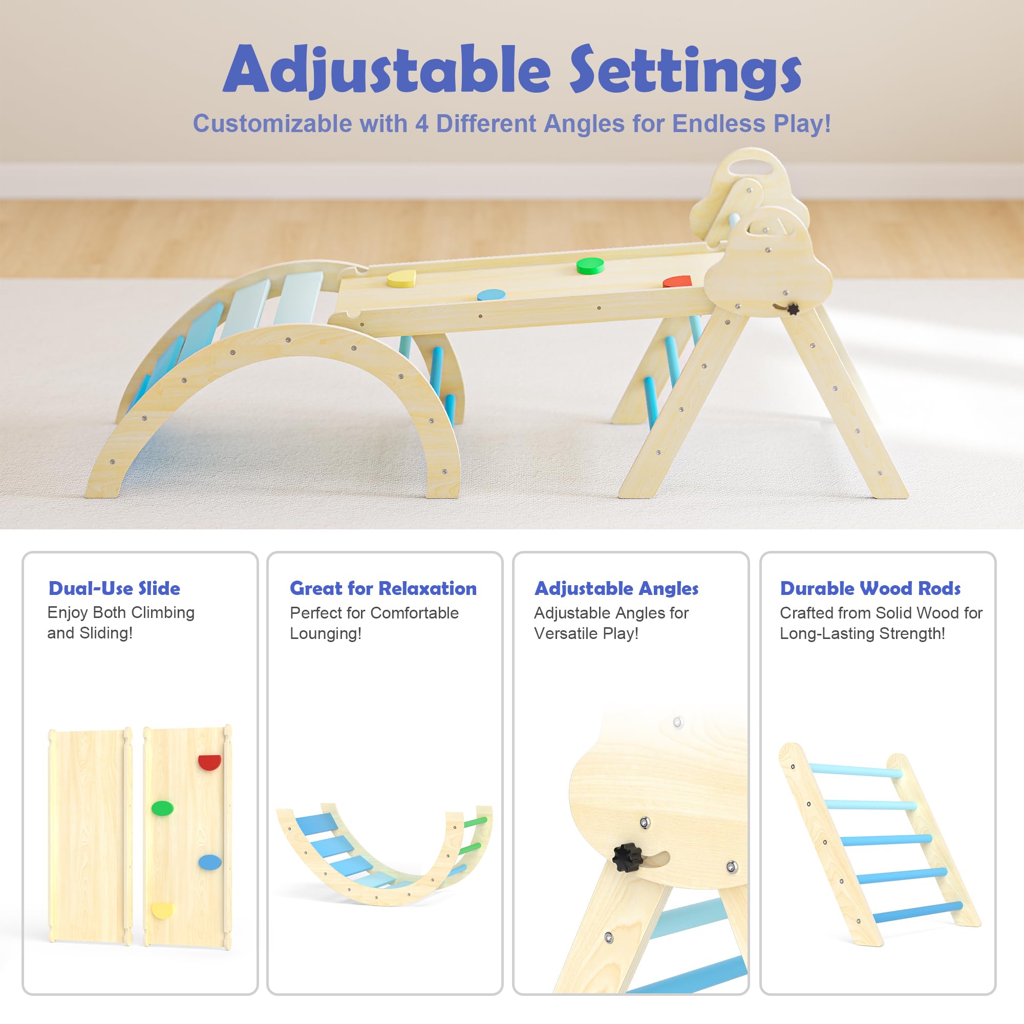 Puecrof 7-in-1 Montessori Kletterdreieck mit Kissen – Holz Kletterspielzeug für Kleinkinder 1-3 Jahre – Indoor Kletterbogen mit Rutsche, Leiter & Spielbogen (Blue)