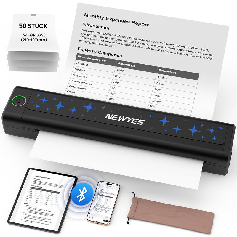 NEWYES Drucker, Tragbarer Thermodrucker für Geschäftsreisende und Studenten – Bluetooth Drucker für A4 Thermodruckpapier, Kompakt, Sofortiger Druck & Langlebiger Akku