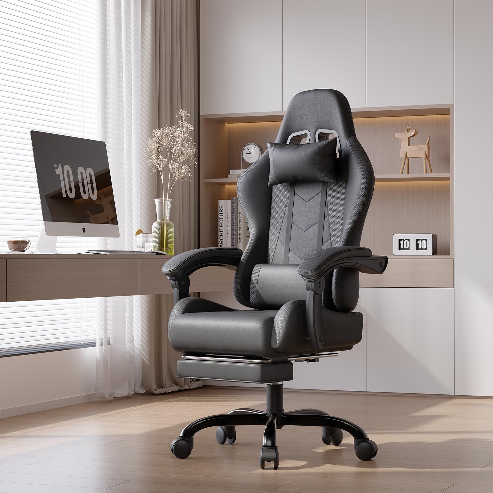 JUMMICO Gaming Stuhl Massage, Bürostuhl Ergonomisch Mit Massage-Lendenkissen, Gamer Stuhl verstellbare Rückenlehne 90-135°,und fußstütze, Gamingstuhl 150 kg belastbarkeit, Schwarz