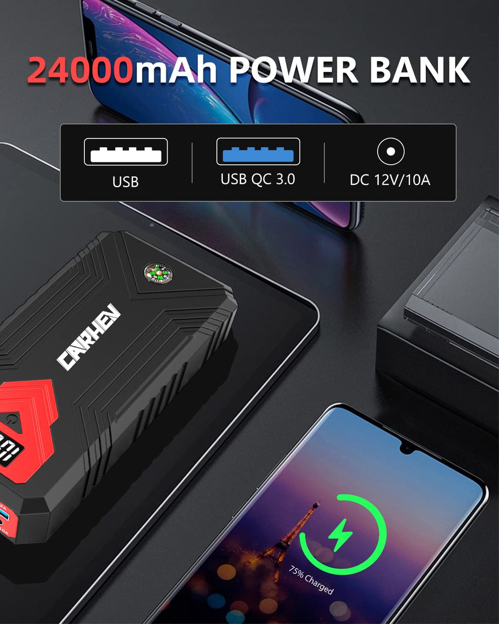 CARHEV Starthilfe Powerbank für pkw, 3000A Spitzenstrom Auto Starthilfe Powerbank mit LCD Display für bis zu 8L Benzin und 8L Dieselmotor, 12V Jump Starter mit USB Schnellladung und LED Taschenlampe