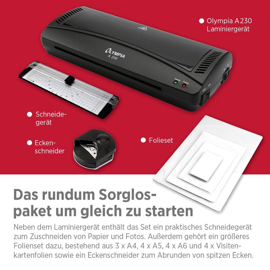 Olympia A 230 Laminierset 4-in-1 | Heiß- und Kaltlaminierung | Laminiergerät mit Eckenrunder, Papierschneider & Laminierfolien | Blasenfreies Laminieren | Überhitzungsschutz | Laminiergerät A4