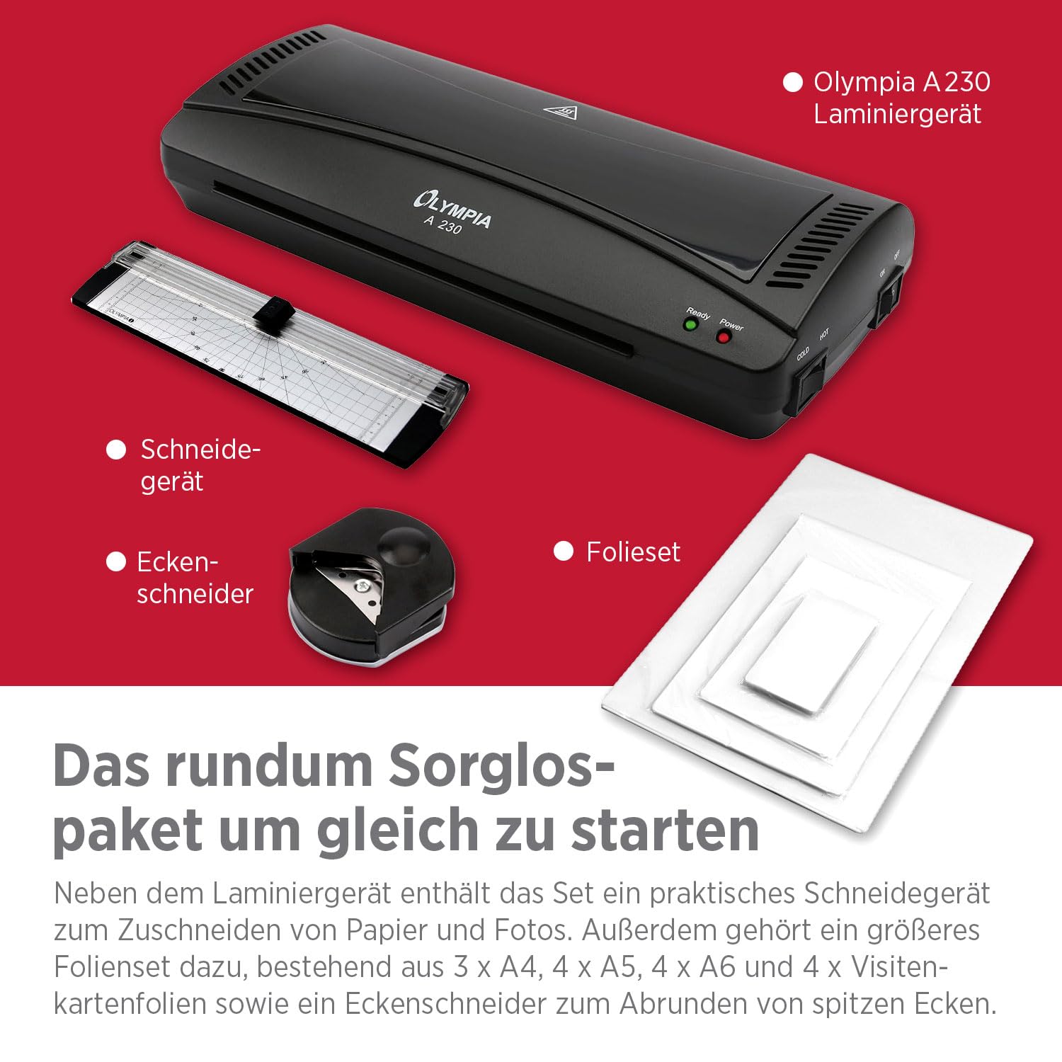 Olympia A 230 Laminierset 4-in-1 | Heiß- und Kaltlaminierung | Laminiergerät mit Eckenrunder, Papierschneider & Laminierfolien | Blasenfreies Laminieren | Überhitzungsschutz | Laminiergerät A4