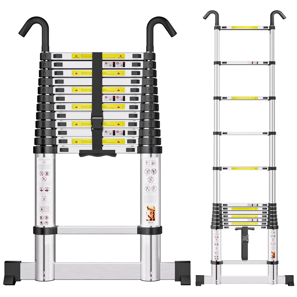 SIMPDIY 3,8M Teleskopleiter, Aluleiter ausziehbar mit Stabilisator, Leiter Ausziehbar mit Haken, 13 Sprossen, für Hause, Wohnmobil und Freien, Tragkraft 150 kg