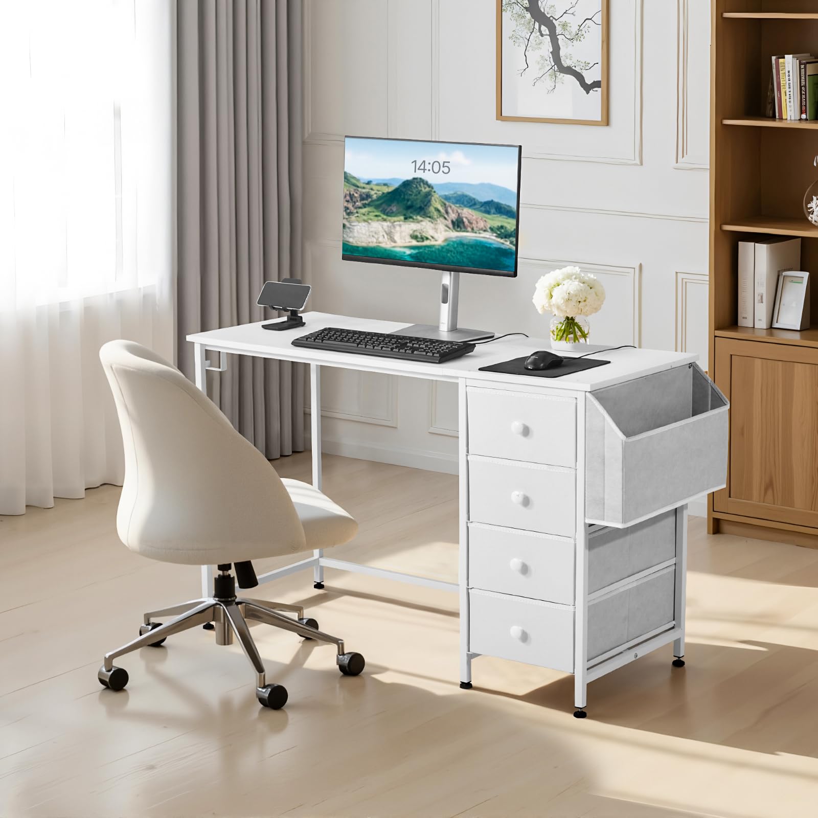 VEVOR Computertisch Bürotisch Schreibtisch (120 x 50 cm Tischplatte), moderner Arbeitstisch mit Stoffschubladen & 99 kg Tragkraft & Aufbewahrungshaken für Homeoffice Arbeitszimmer Wohnzimmer, Weiß
