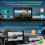 Tragbarer Carplay Bildschirm, Carpuride V3R Kabelloses Airplay&Android Auto, 7 Zoll 1080P HD-Touchscreen mit echter 720P-Rückfahrkamera/BT 5.0/Mirror Link/USB-Wiedergabe/Rauschunterdrückungs-Chip AUX