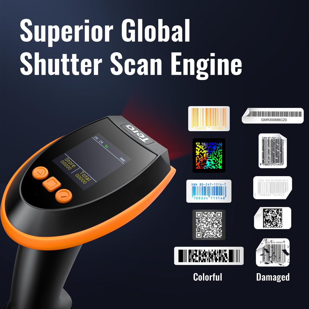 Tera Barcode-Scanner Kabellos Ladestation: 1D 2D QR mit digitalem Einstellungsbildschirm & Tastenfeld Schnellscan Bluetooth 2.4G & USB-Kabel deutsche Anleitung HW0009