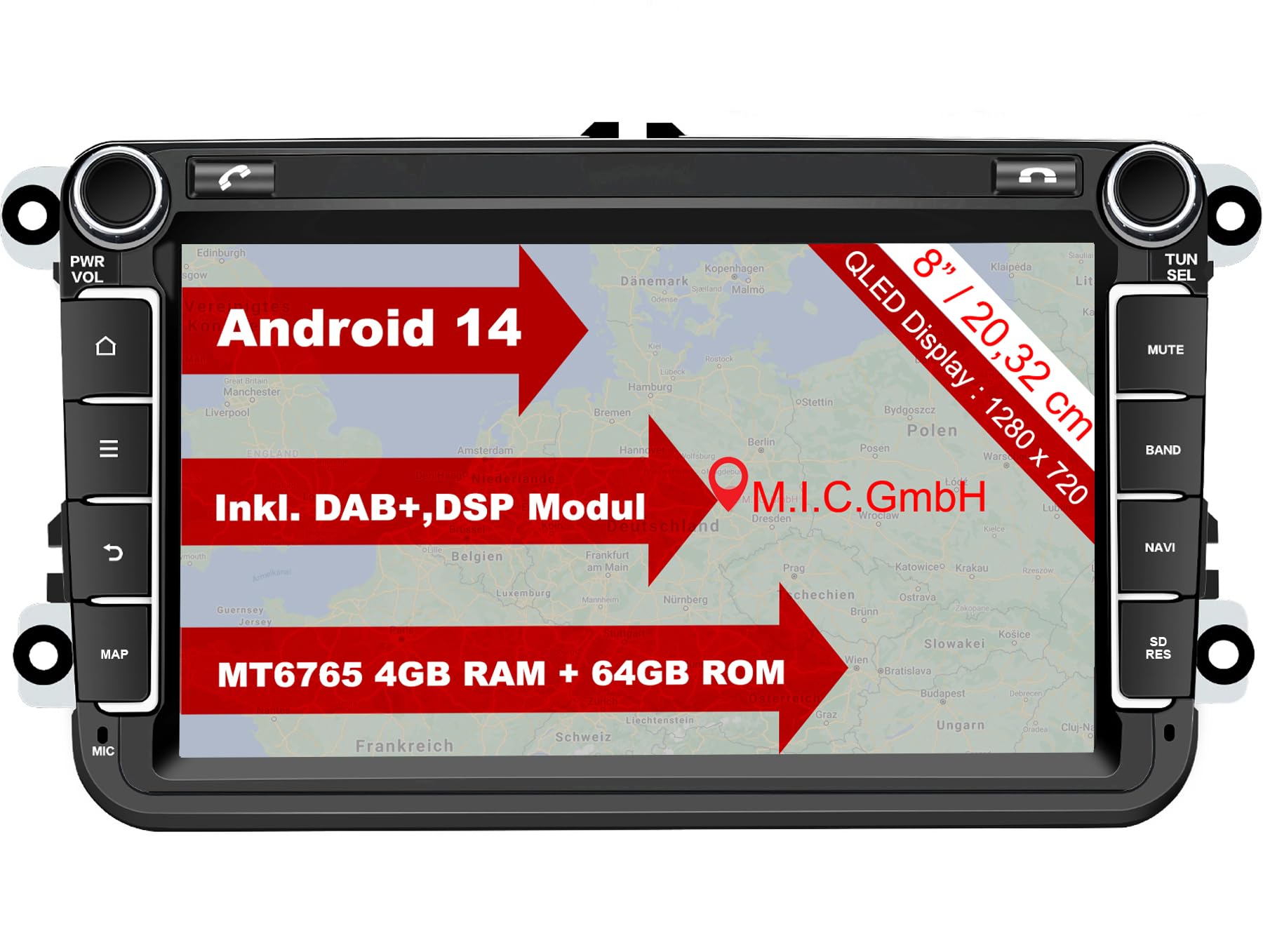 M.I.C. AV8V7-L2 Android 14 Autoradio mit navi: MediaTek MT6765V 4G+64G;8" QLED Display;4G SIM,Carplay,Android Auto,DAB+,Bluetooth 5,WiFi,GPS: Ersatz für VW Golf T5 Touran Passat RNS RCD,Skoda,SEAT