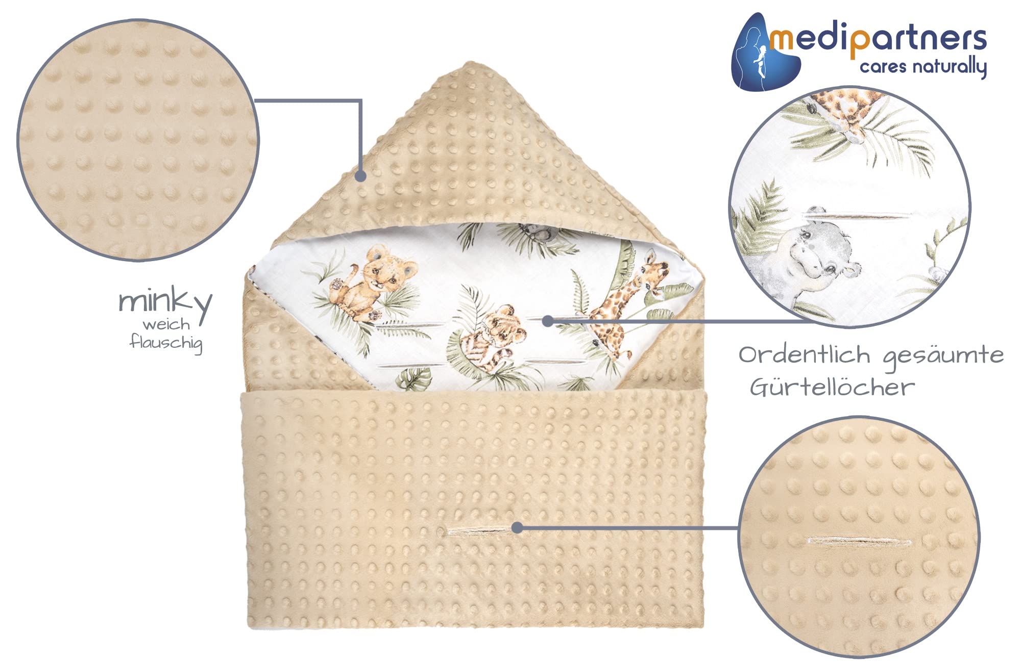 Medi Partners Einschlagdecke Baby Babyschale 100% Baumwolle für Sommer 85x85cm Kinderwagen Kuscheldecke universal Baby Decke Einschlagdecken Babydecke Buggy Autositz (Safari mit beigem Minky)