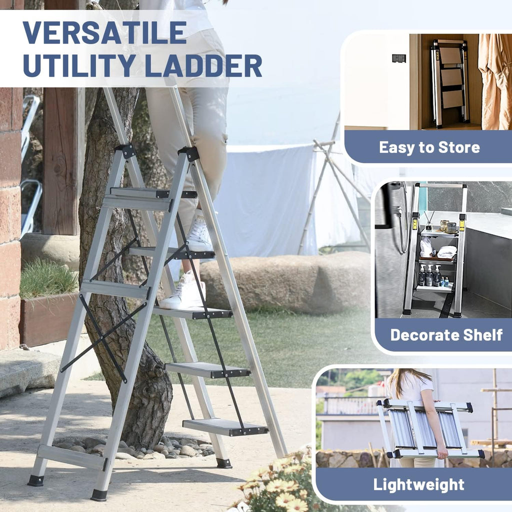 XinSunho Stufenleiter, Trittleiter 5 Stufen klappbar, Leiter Aluminium mit Ablageschale und Handlauf, Tragbare Stehleiter für Haus und Büro, Klappleiter Belastbar bis 150 kg